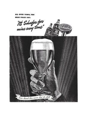 Print Ad Schaefer Beer Vintage  Glass Pour Light Beer All Over Town 1942 Bar